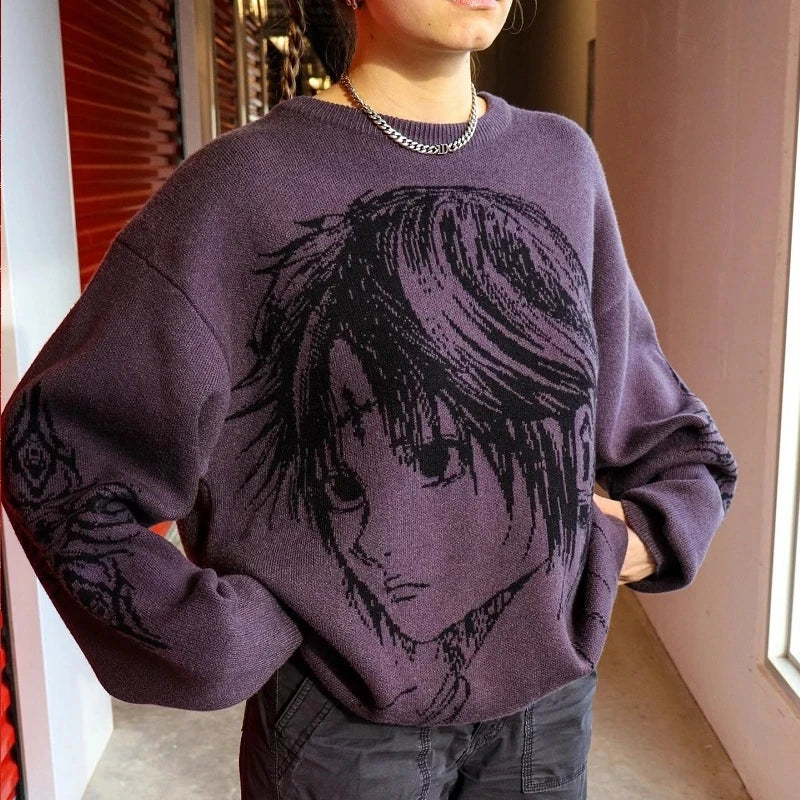 Afslappet sweater med anime print og strikmønster