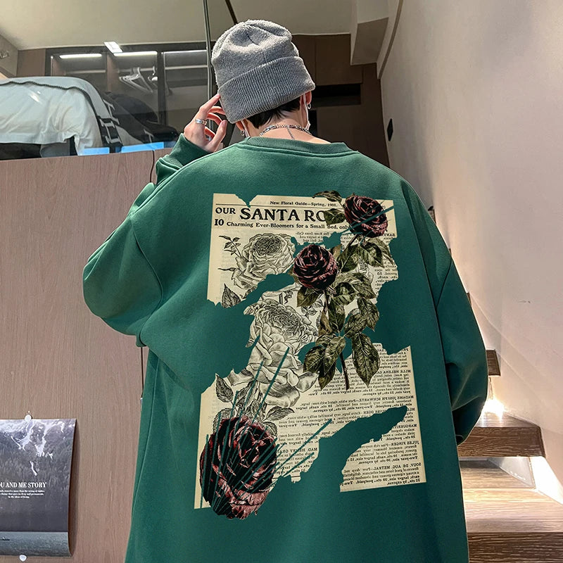 Vintage Gül Desenli Baskılı Gotik Sweatshirt