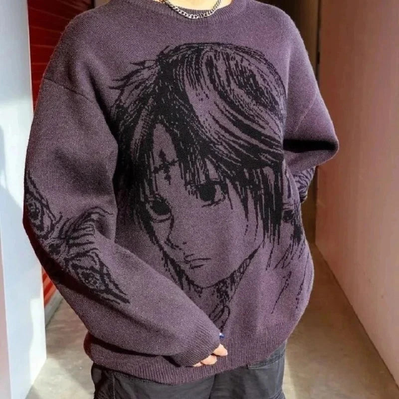 Afslappet sweater med anime print og strikmønster