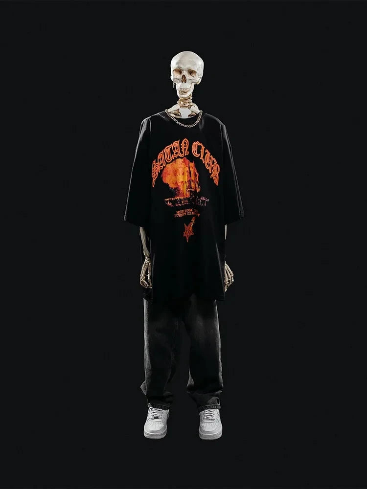 Męska koszulka z grafiką Satan Club – Oversized Streetwear w stylu Harajuku Y2K