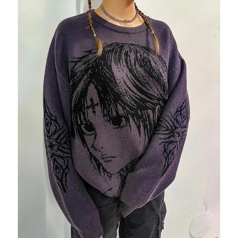 Afslappet sweater med anime print og strikmønster