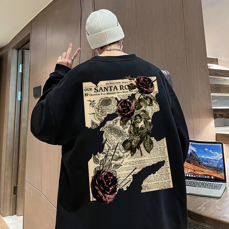 Vintage Gül Desenli Baskılı Gotik Sweatshirt