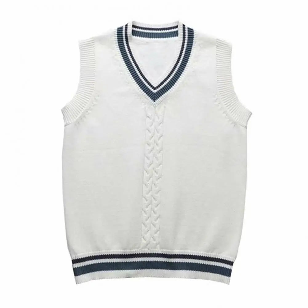 College Style Sleeveless V-Neck Knitted Sweater