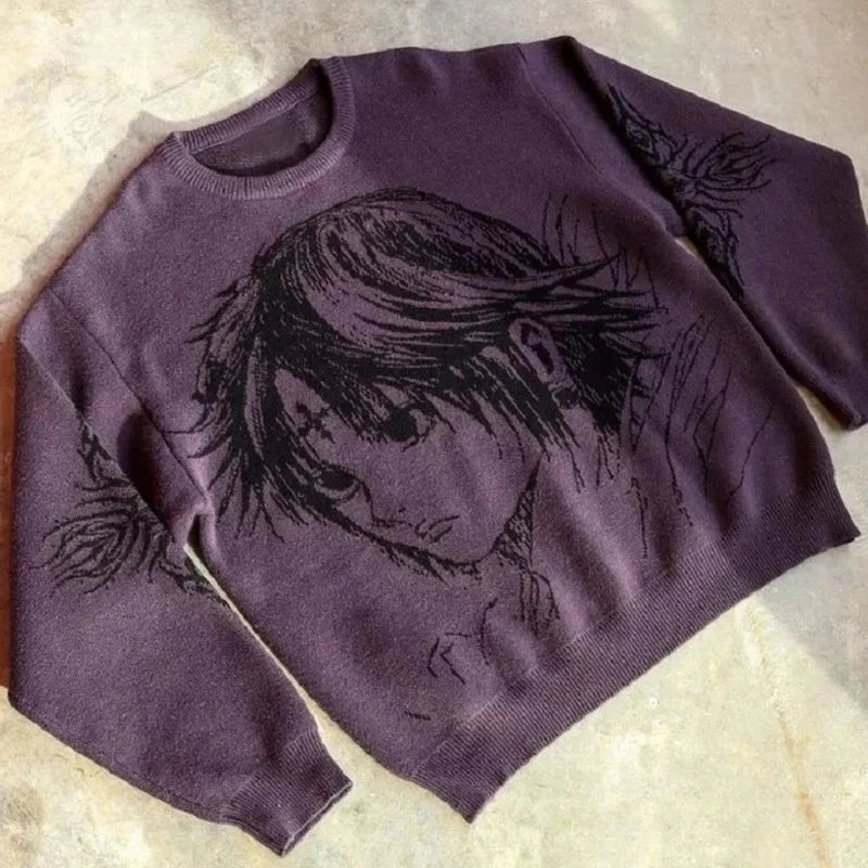 Lässiger Pullover mit Anime-Print und Strickmuster