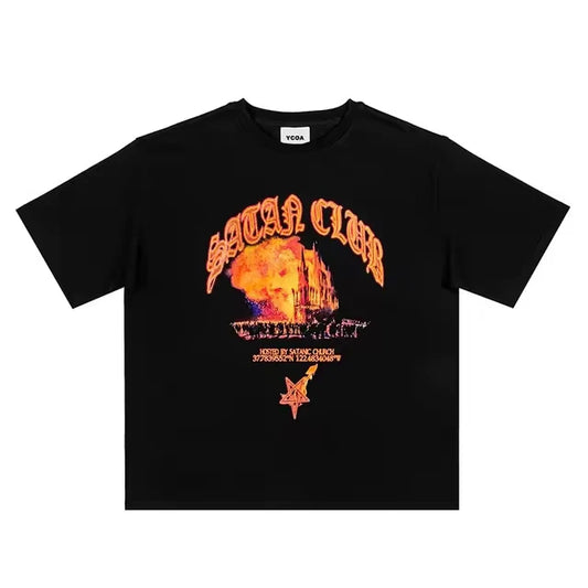 Camiseta gráfica de Satan Club para hombre: ropa urbana de gran tamaño en estilo Y2K de Harajuku